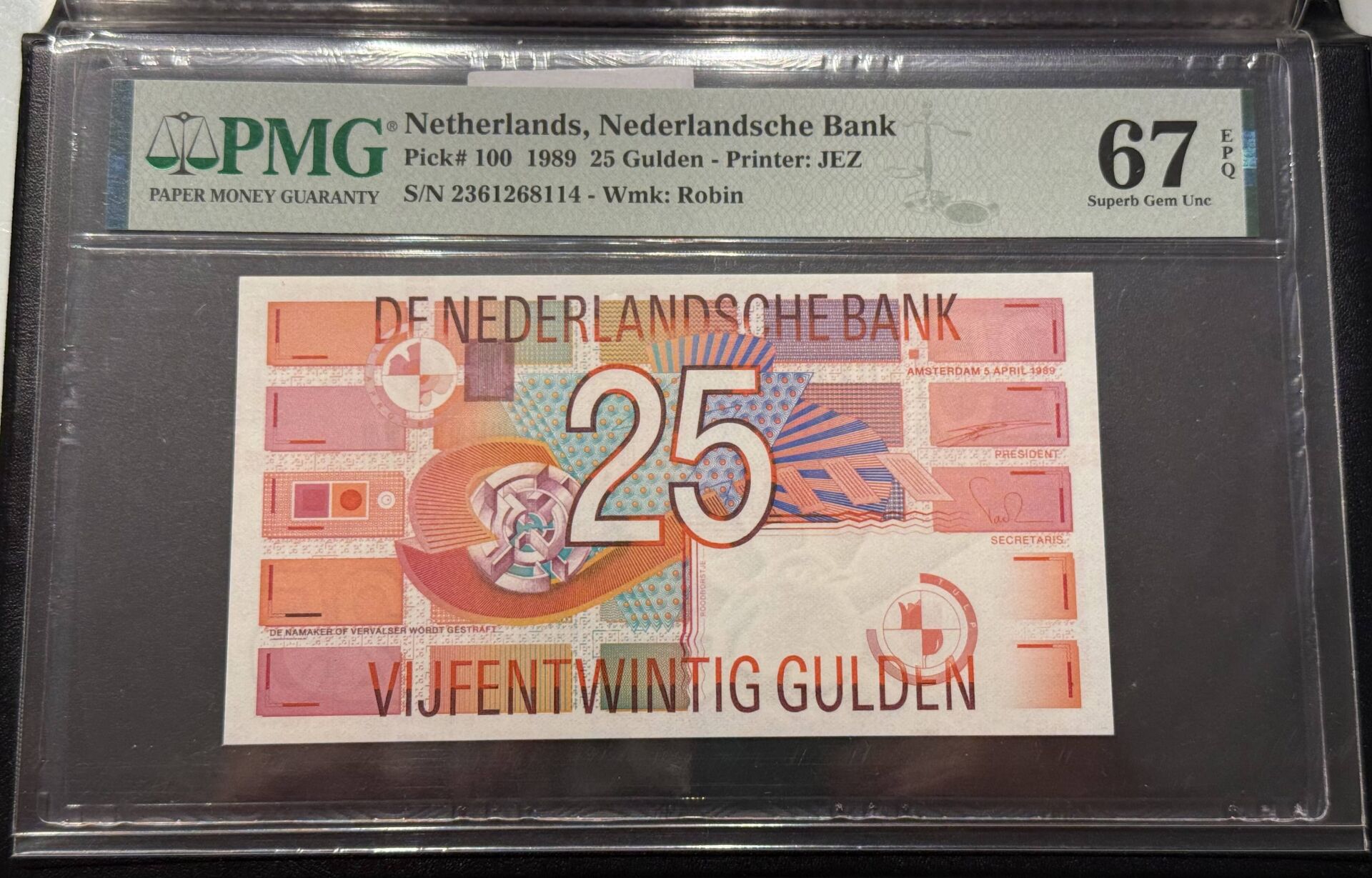 Hollanda 1989 25 Gulden, P.100, PMG 67 Epq, ÇİL