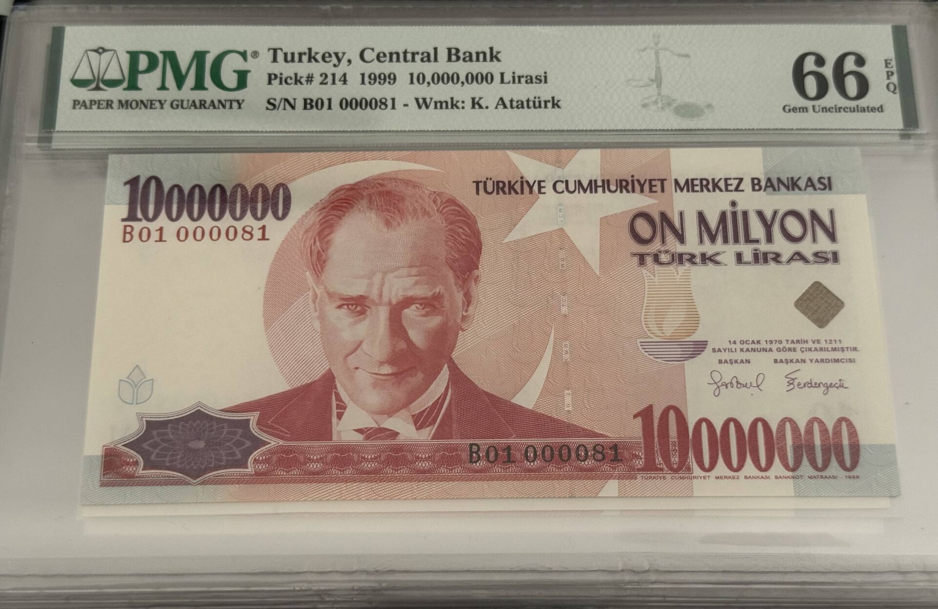 7. Ems 10.000.000 TL, B01 000081, PMG 66 Epq, ÇİL