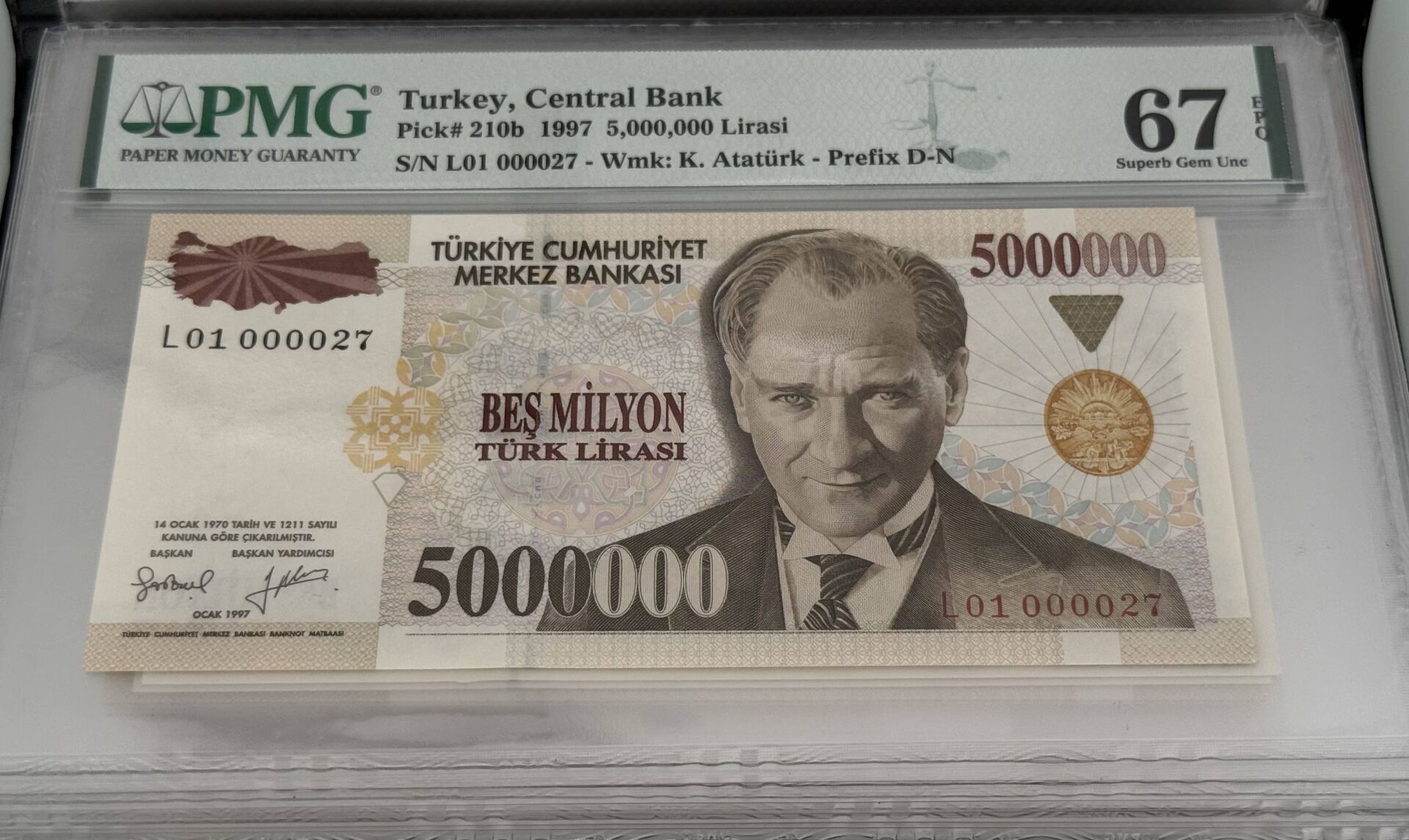 7. Ems 5.000.000 TL, L01 000027, PMG 67 Epq, ÇİL+