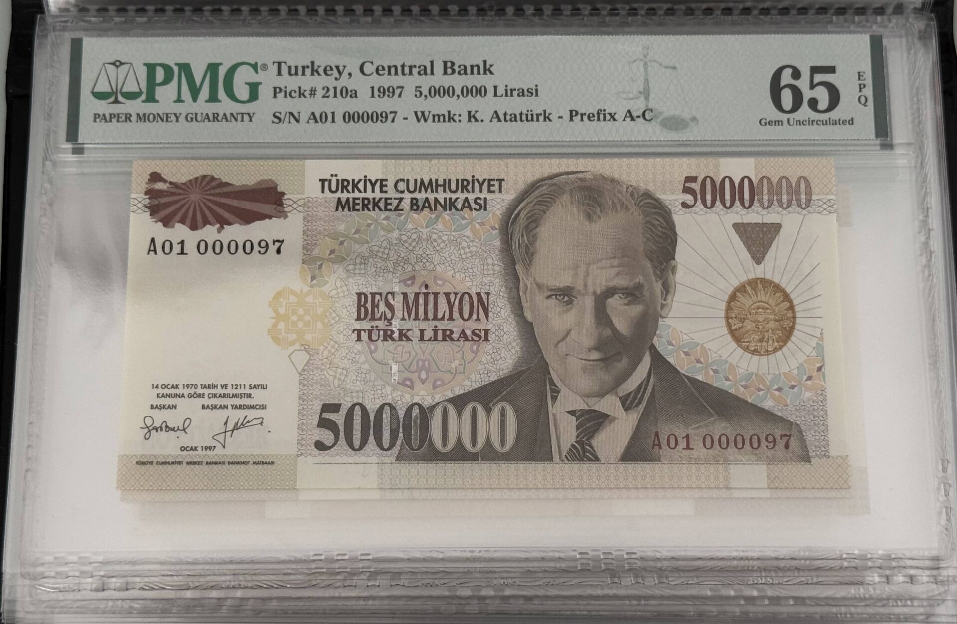 7. Ems 5.000.000 TL, A01 000097, PMG 65 Epq, ÇİL