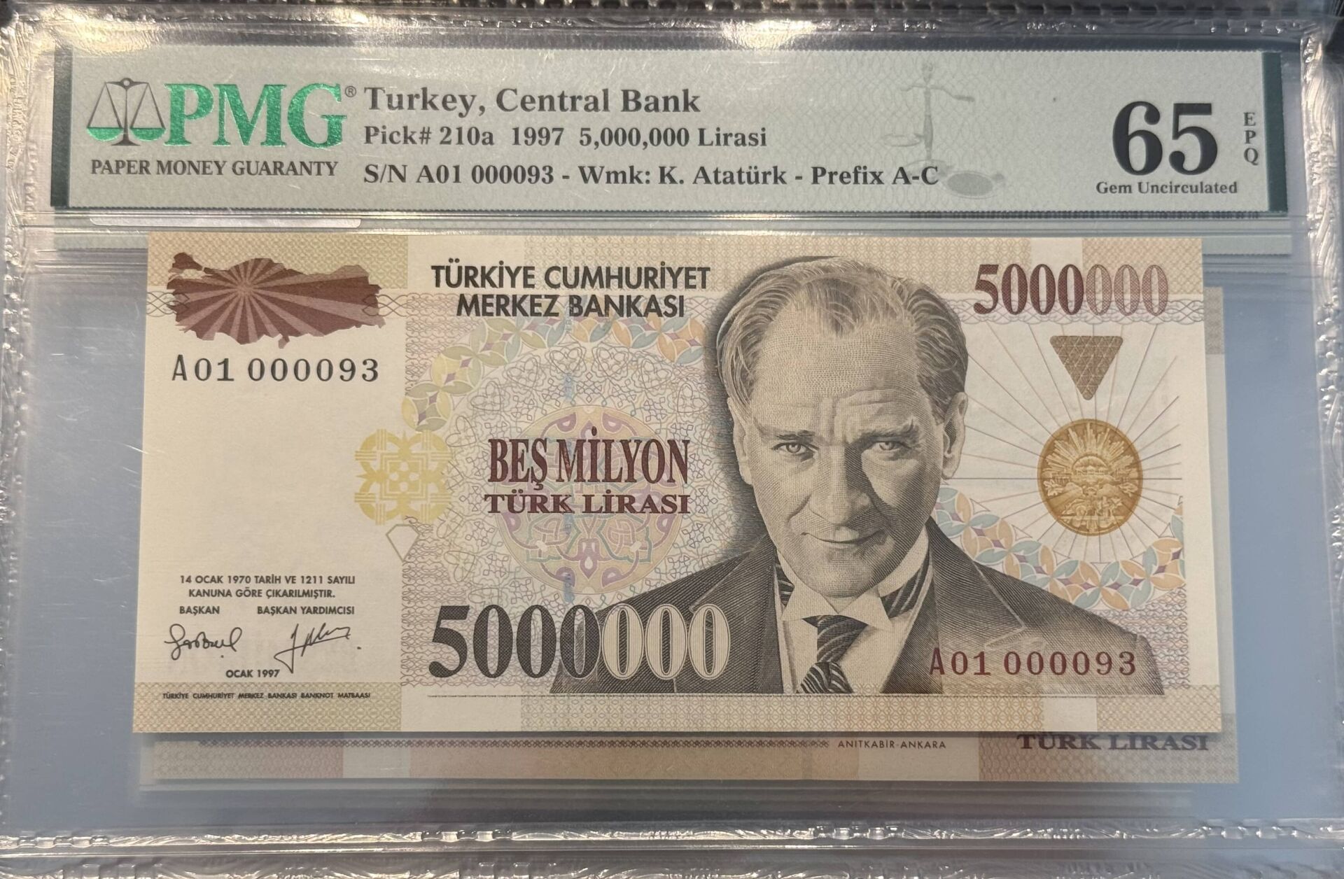 7. Ems 5.000.000 TL, A01 000093, PMG 65 Epq, ÇİL