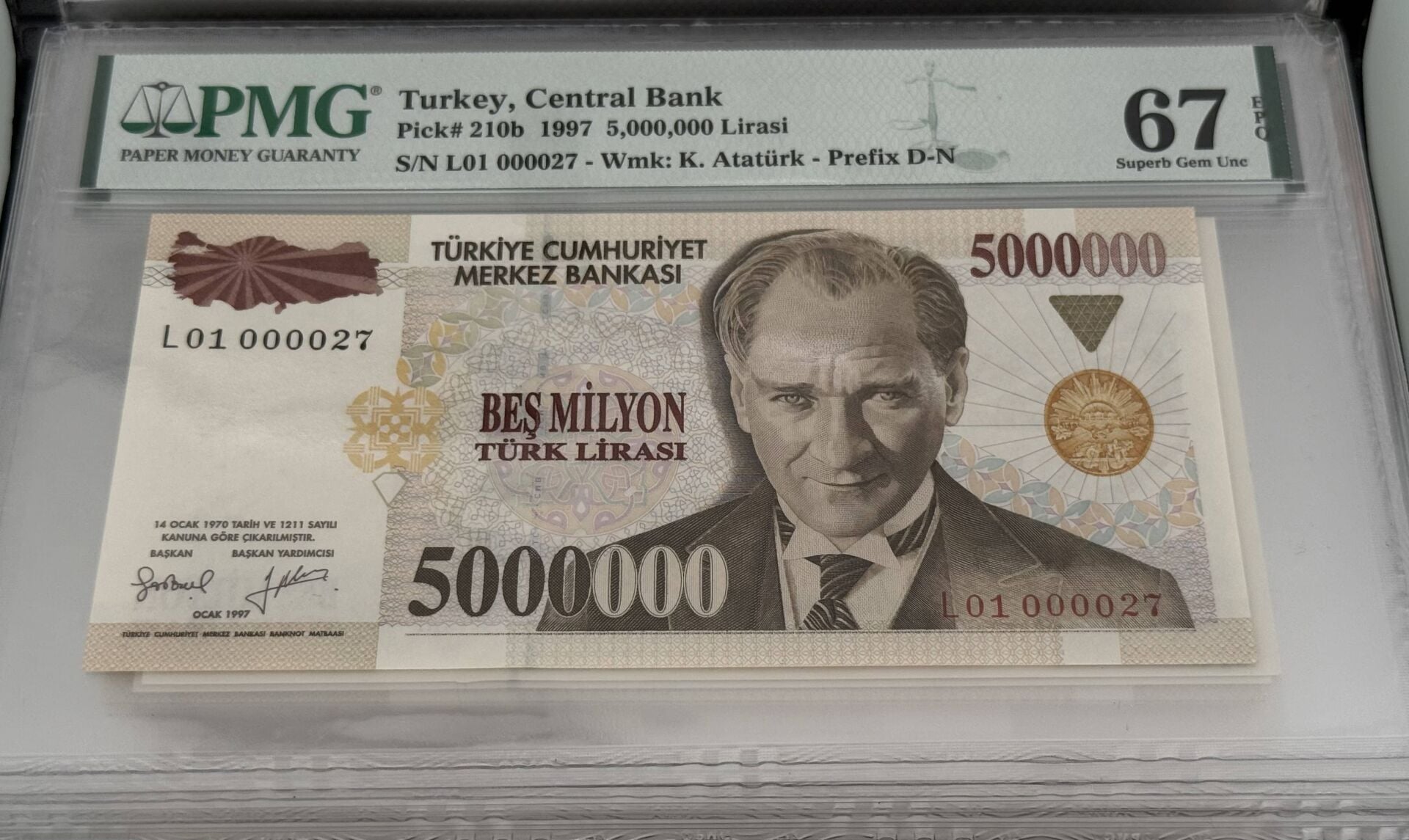 7. Ems 5.000.000 TL, L01 000027, PMG 67 Epq, ÇİL+